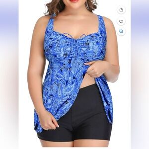 Plus Size Blue Paisley Tankini Swimsuit Top with Black Swim Shorts